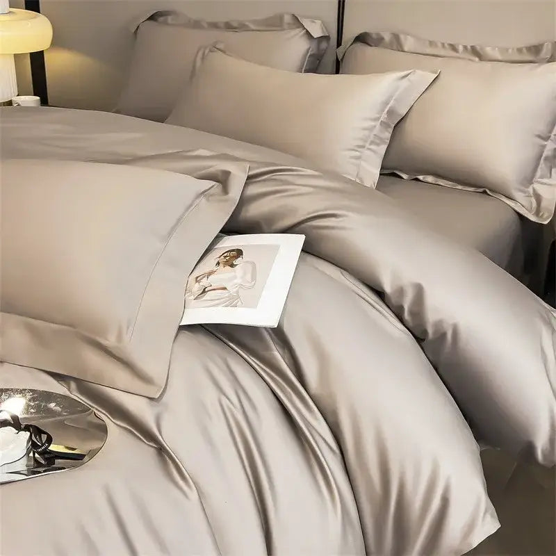 Decorbites™ luxurious 1000tc egyptian cotton duvet cover and fitted sheet set in taupe satin with smooth glossy finish