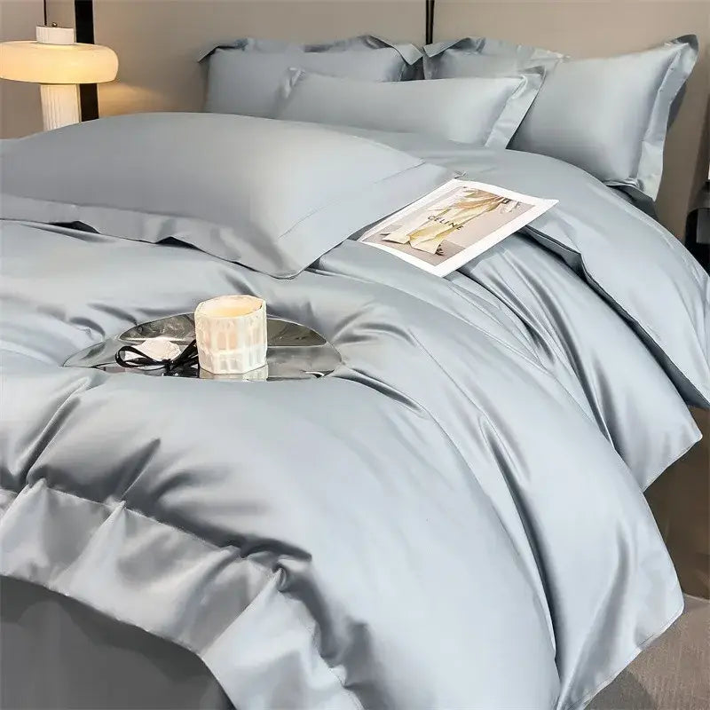 Decorbites™ luxurious 1000tc egyptian cotton light blue satin bedding set with duvet cover fitted sheet and matching pillows