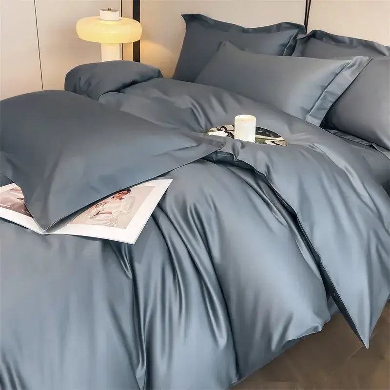 Silk-like gray satin DecorBites™ 1000TC Egyptian cotton bedding set with smooth duvet cover and fitted sheet