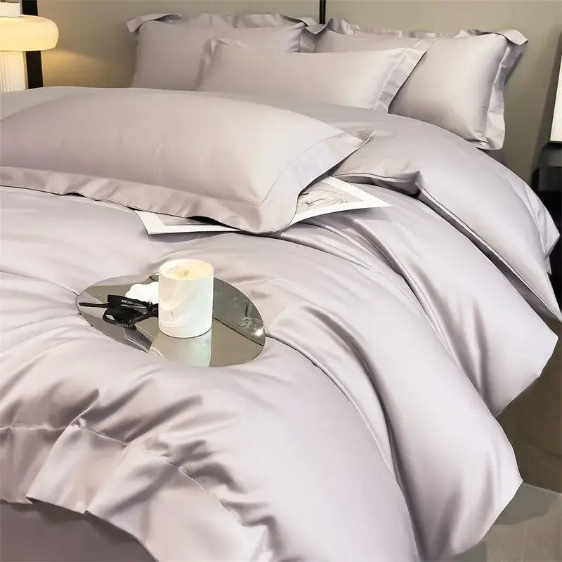 DecorBites™ luxurious silky lavender satin 1000TC Egyptian cotton bedding set with duvet cover fitted sheet and pillows