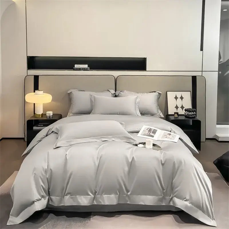 DecorBites™ luxurious silver-gray satin duvet cover and fitted sheet set with sleek modern design in 1000TC Egyptian cotton