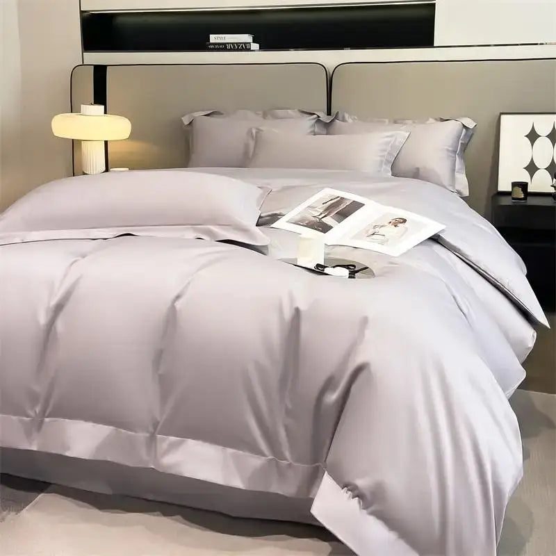 DecorBites™ luxurious silver-gray satin duvet cover set with subtle sheen and elegant stitched detailing in 1000TC cotton