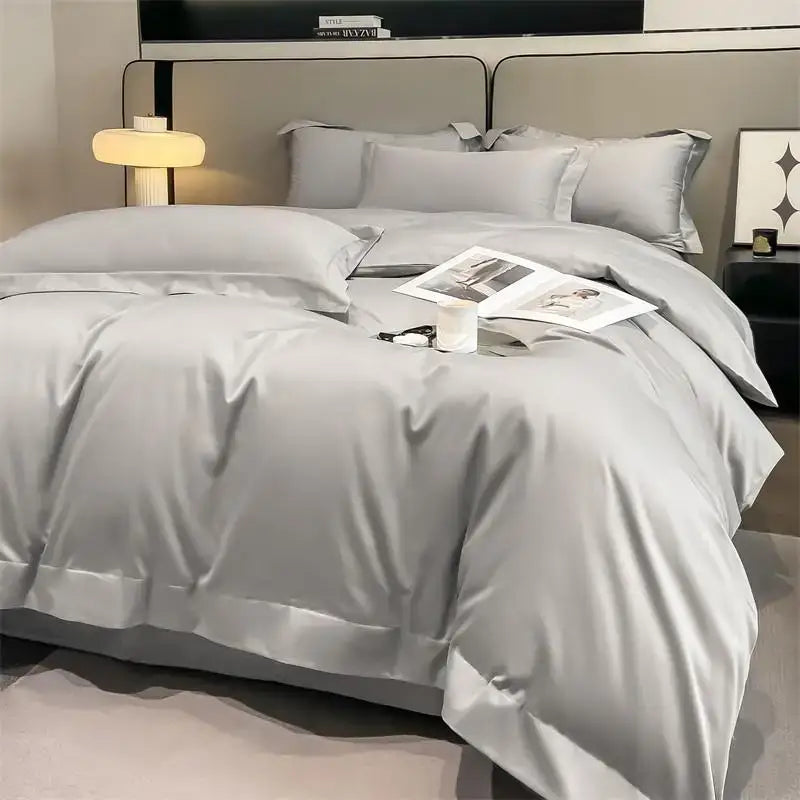 Decorbites™ luxurious 1000tc egyptian cotton duvet cover set in silver-gray satin with stitched detailing and fitted sheet