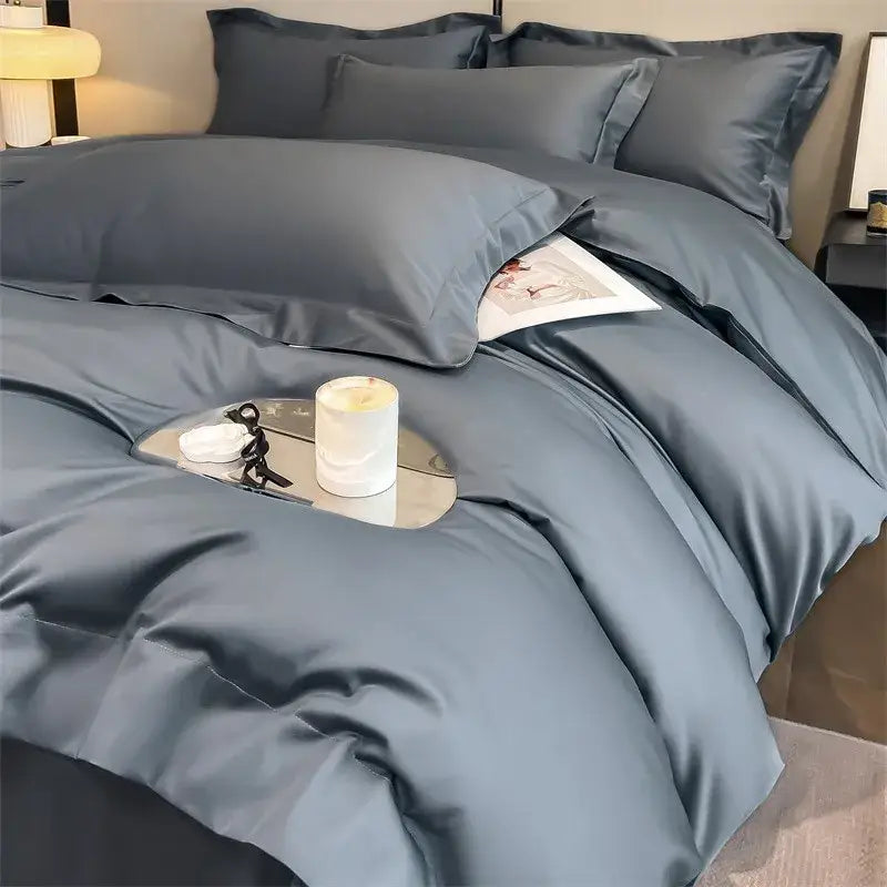 DecorBites™ luxurious slate blue satin duvet cover set with stitched detailing in 1000TC Egyptian cotton