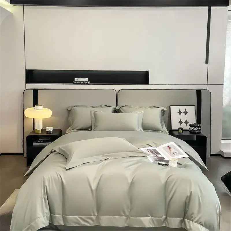 DecorBites™ luxurious sage green satin duvet cover set with 1000TC Egyptian cotton fitted sheet and piece duvet cover