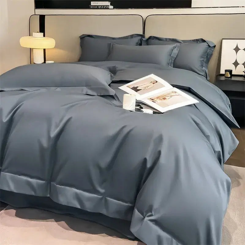 Decorbites™ luxurious 1000tc egyptian cotton duvet cover set in slate-blue satin with fitted sheet and tailored seams