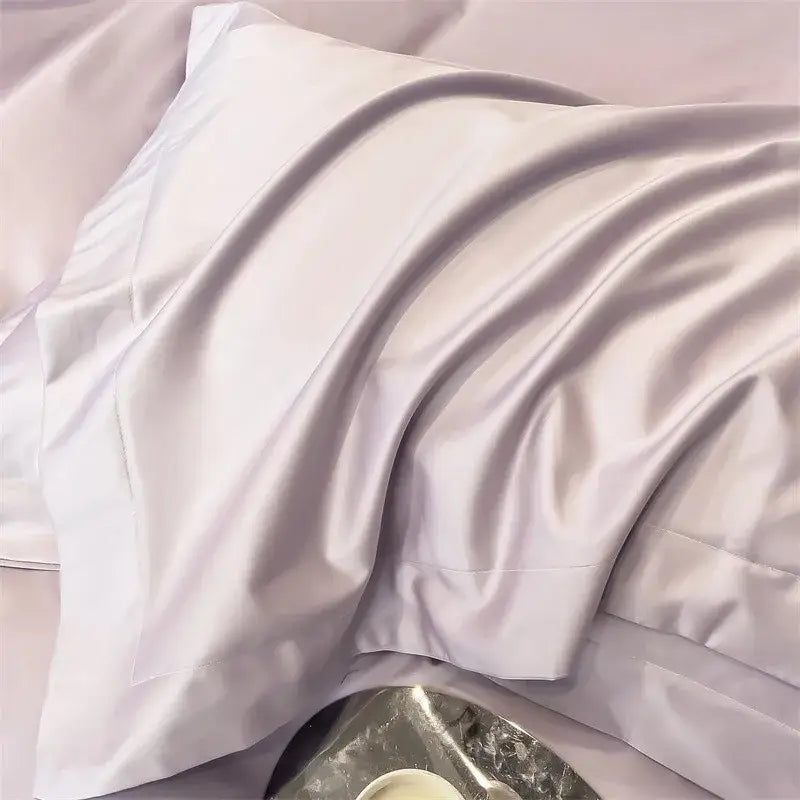 A soft lavender satin pillowcase with a glossy finish from the DecorBites™ luxurious 1000TC egyptian cotton bedding set including duvet cover and fitted sheet