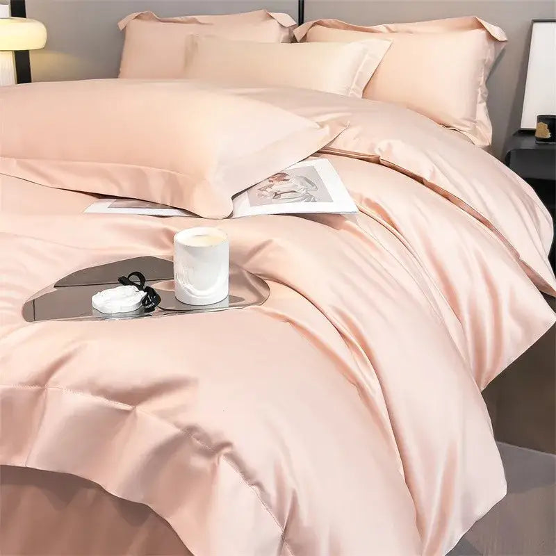 Soft blush pink satin duvet cover and fitted sheet set with smooth texture from decorbites luxurious 1000tc cotton collection