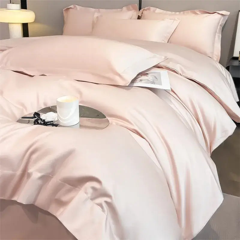 DecorBites™ luxurious 1000TC Egyptian cotton blush pink satin duvet cover and fitted sheet set with smooth texture