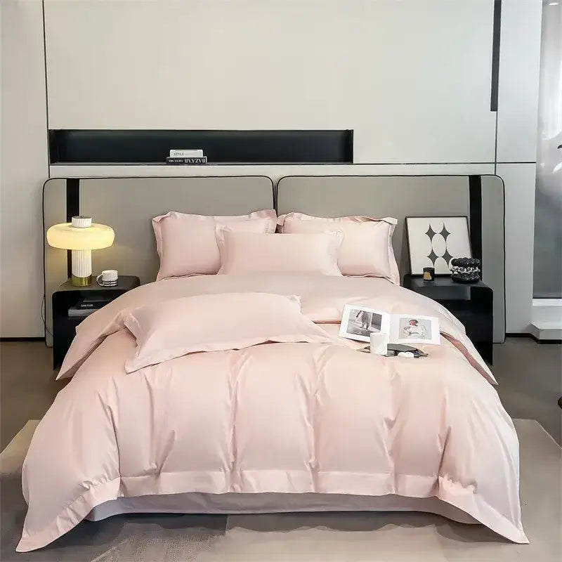 Decorbites™ luxurious 1000tc egyptian cotton blush pink satin duvet cover set with fitted sheet and elegant stitched detailing