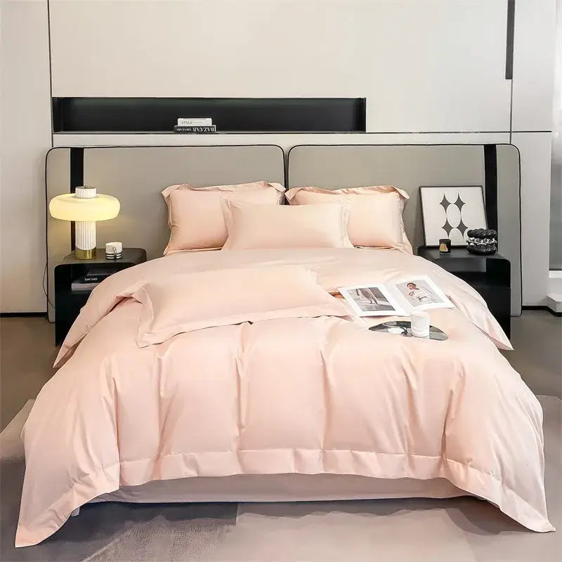 Decorbites™ luxurious 1000tc egyptian cotton blush pink satin duvet cover set with elegant stitched detailing and fitted sheet