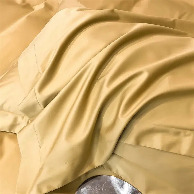 Soft golden-yellow satin duvet cover and fitted sheet from decorbites™ luxurious 1000tc egyptian cotton bedding set