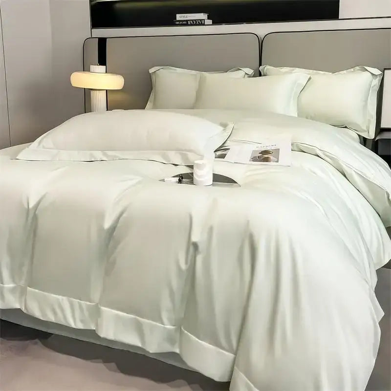 Decorbites luxurious 1000tc egyptian cotton duvet cover set in soft light green satin with fitted sheet and matching pillowcases