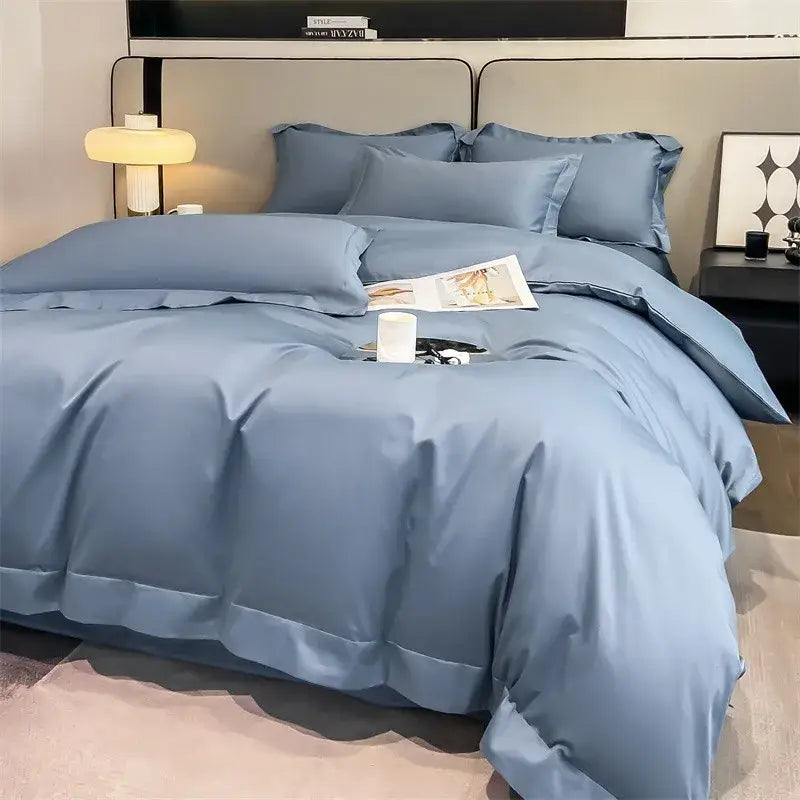 Decorbites™ luxurious 1000tc egyptian cotton duvet cover and fitted sheet in soft light blue satin with smooth finish
