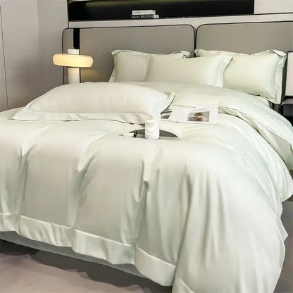 DecorBites™ luxurious 1000TC Egyptian cotton duvet cover set in soft light green satin with fitted sheet and smooth finish