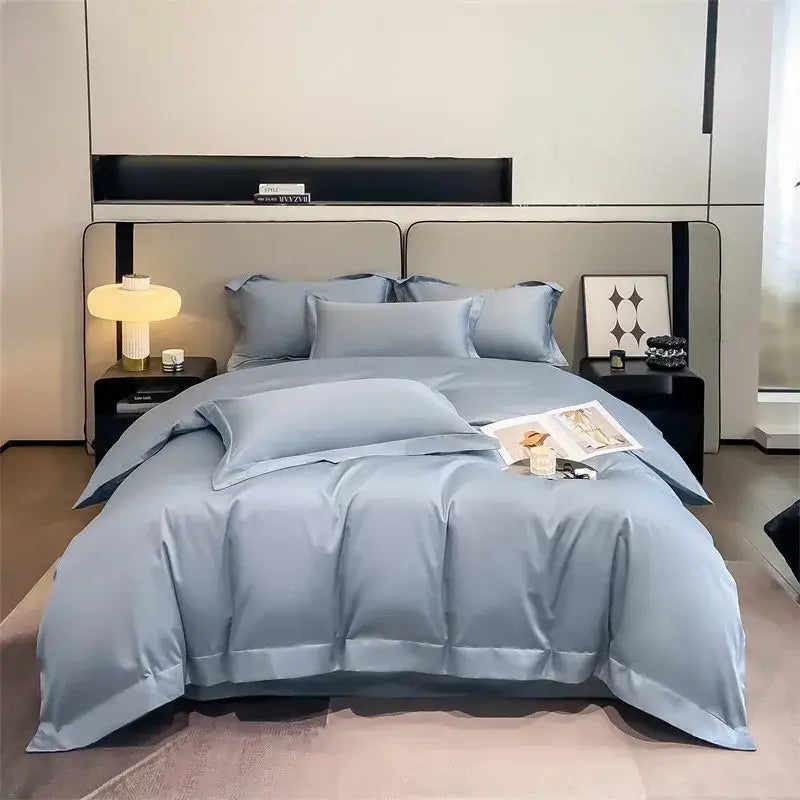 DecorBites™ luxurious 1000TC Egyptian cotton duvet cover set in soft light blue satin with fitted sheet and piece duvet cover