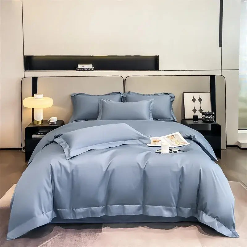 DecorBites™ luxurious 1000TC egyptian cotton bedding set in soft light blue with smooth satin-like duvet cover and fitted sheet