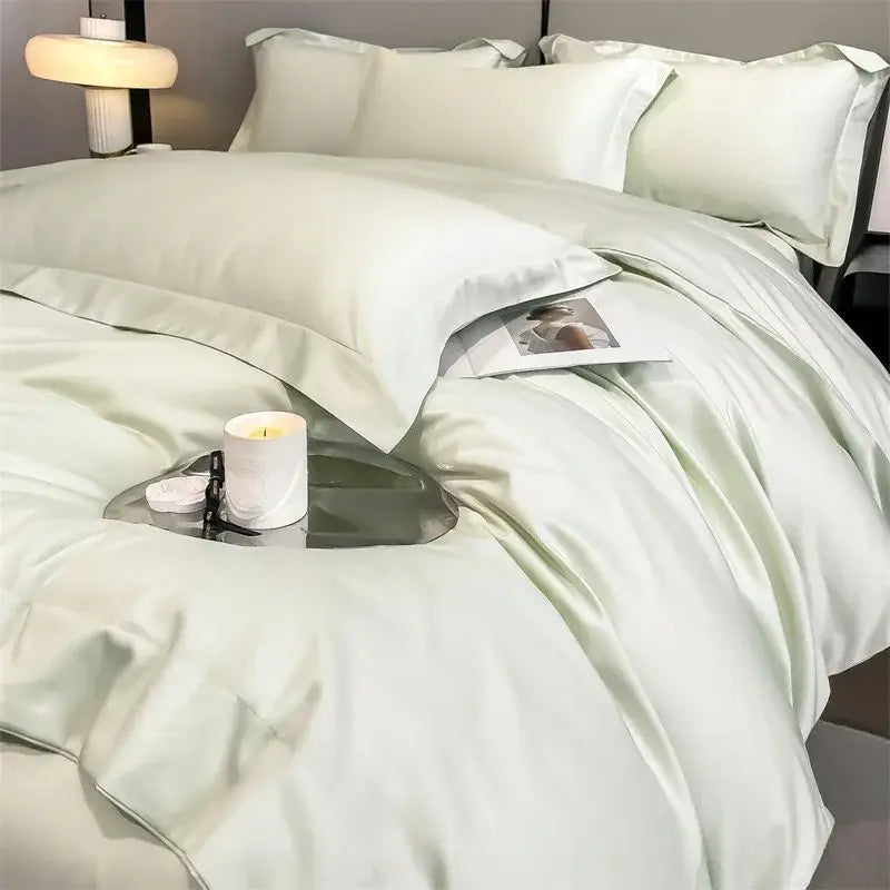 DecorBites™ pale green satin duvet cover and fitted sheet set made of luxurious 1000TC Egyptian cotton with smooth texture