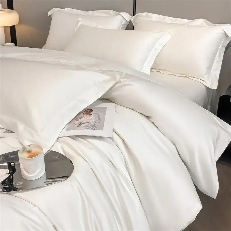 White satin decorbites™ luxurious 1000tc egyptian cotton bedding set with smooth glossy duvet cover and fitted sheet