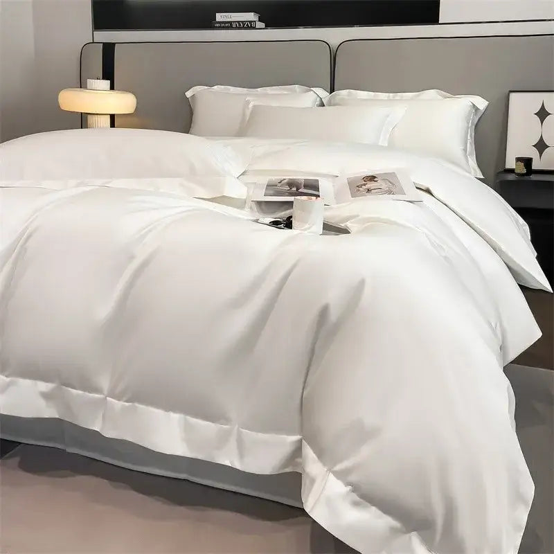 White satin duvet cover from DecorBites Luxurious 1000TC Egyptian cotton bedding set with smooth glossy finish and stitched edges
