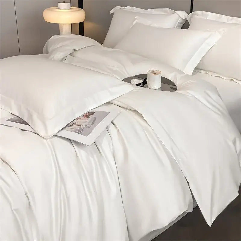 White satin duvet cover set with matching pillowcases featuring smooth texture in decorbites™ 1000TC cotton bedding set