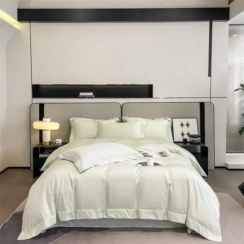 DecorBites™ luxurious white satin duvet cover set with smooth glossy finish and elegant stitched detailing made from 1000TC Egyptian cotton