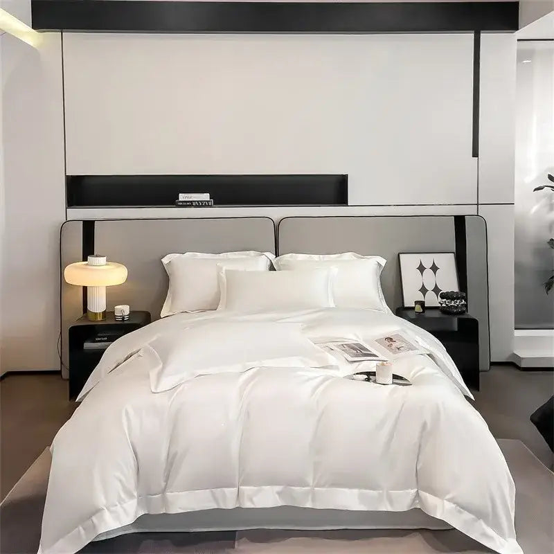 White satin duvet cover and fitted sheet set with smooth luxurious finish in decorbites™ 1000tc egyptian cotton bedding