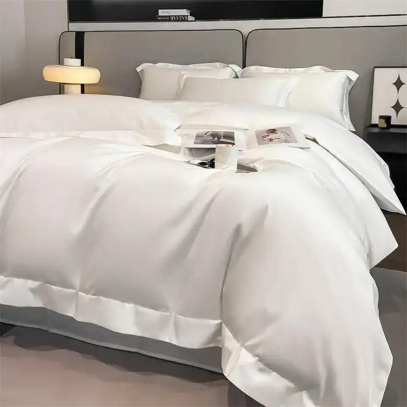 White satin duvet cover with glossy finish and stitched edges from DecorBites™ luxurious 1000TC Egyptian cotton bedding set