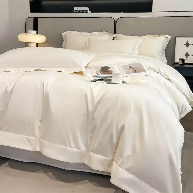White satin duvet cover from DecorBites™ luxurious 1000TC Egyptian cotton bedding set with smooth glossy finish and stitched edges