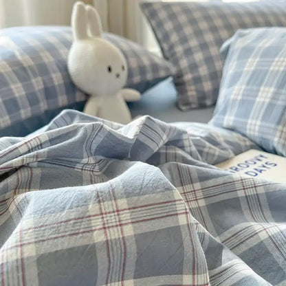 DecorBites™ luxurious 2024 grid lattice bedding set with blue and white plaid cotton duvet cover and flat sheet with red accents