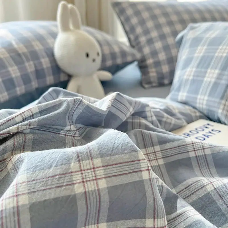 DecorBites™ luxurious 2024 grid lattice bedding set with blue and white plaid cotton duvet cover and flat sheet with red accents