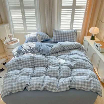 Decorbites™ luxurious 2024 grid lattice bedding set featuring a blue and white plaid quilted duvet cover and flat sheet