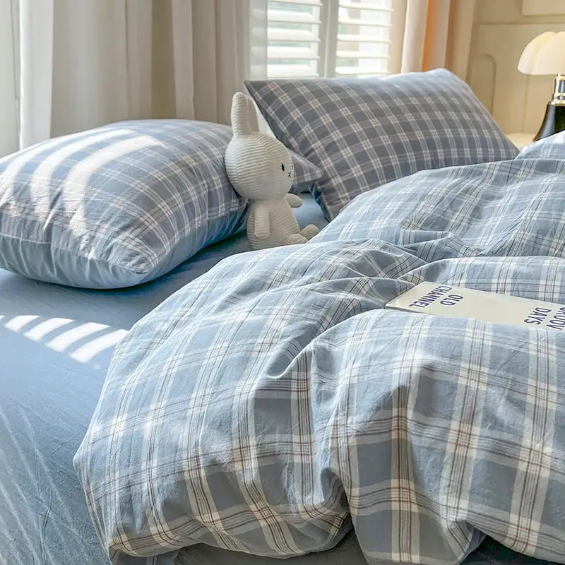 Blue and white plaid duvet cover bedding set with soft textured fabric from decorbites luxuriously designed for comfort