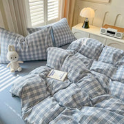 DecorBites™ Luxurious 2024 blue and white plaid bedding set with cozy textured fabric including duvet cover and flat sheet