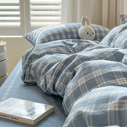 DecorBites™ luxurious 2024 grid lattice blue and white plaid cotton duvet cover with soft textured fabric bedding set