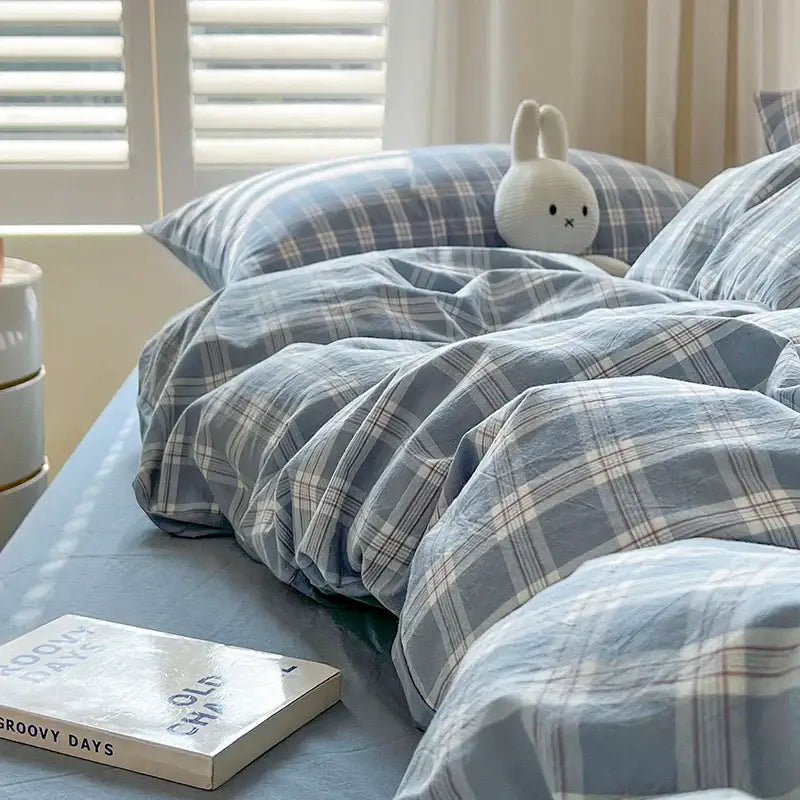 DecorBites™ luxurious 2024 grid lattice blue and white plaid cotton duvet cover with soft textured fabric bedding set