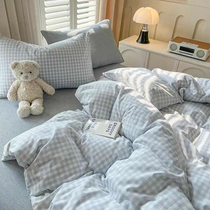 Decorbites luxurious 2024 grid lattice bedding set features a light blue and white gingham duvet cover with soft plush texture