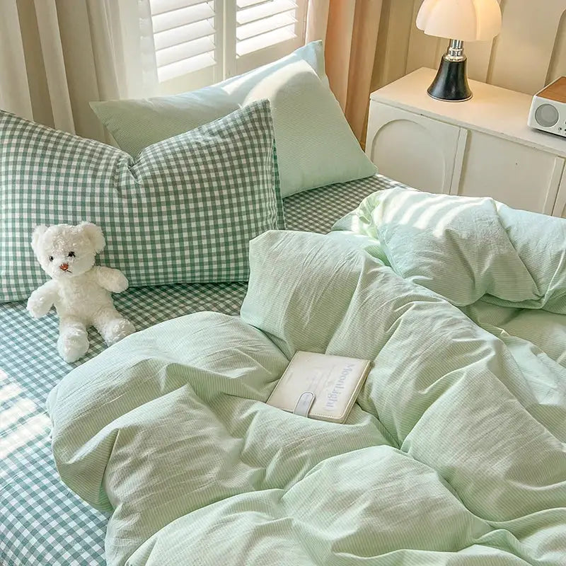 Mint green textured duvet cover bedding set with matching gingham pillowcases from DecorBites™ 2024 collection