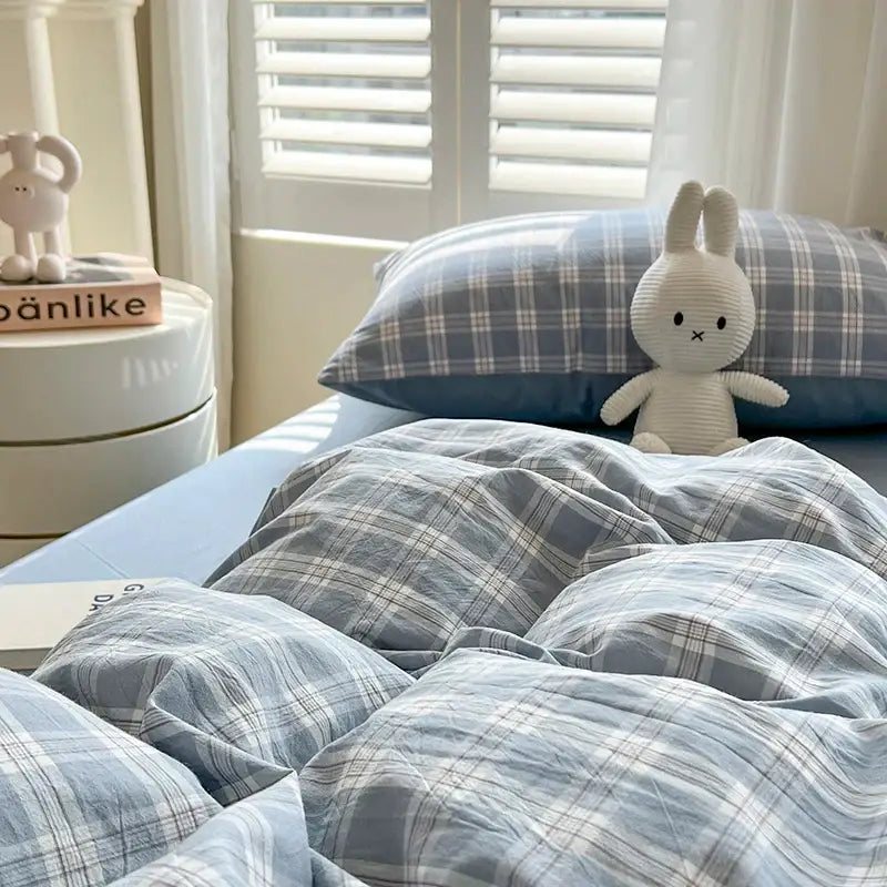 DecorBites™ Luxurious 2024 soft light blue and white plaid duvet cover with cozy textured fabric bedding set