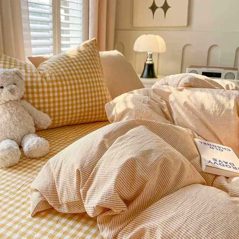 DecorBites™ luxurious 2024 grid lattice duvet cover bedding set in warm-toned textured cotton with yellow white gingham pattern