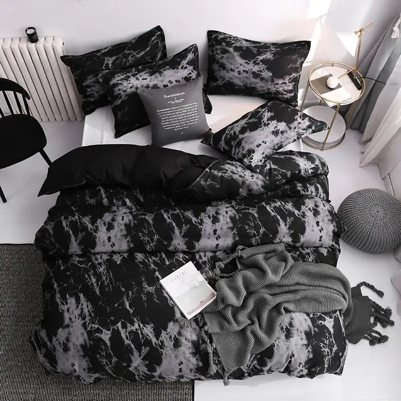 DecorBites Luxurious 3-piece duvet cover set with black and gray marble pattern in modern minimalist design