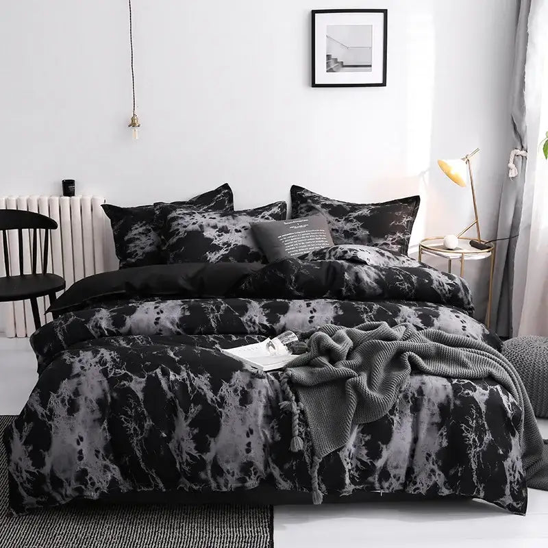 DecorBites™ luxurious black and gray marble-patterned duvet cover set with modern minimalist design cover set