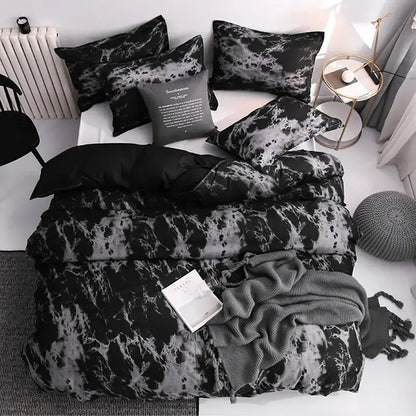 Decorbites™ luxurious 3-piece duvet cover set featuring black and gray marble pattern with soft textured fabric finish