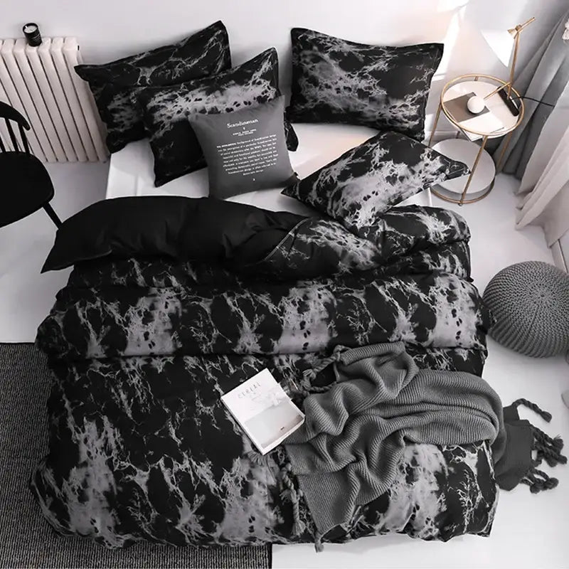 Decorbites™ luxurious 3-piece duvet cover set featuring black and gray marble pattern with soft textured fabric finish