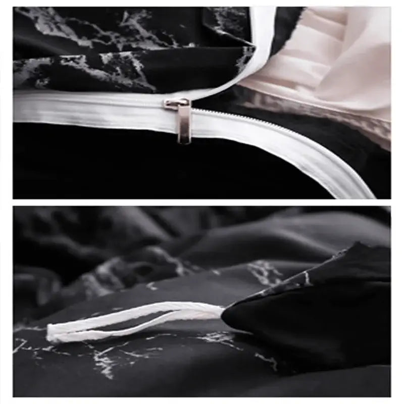 DecorBites™ luxurious black marble-patterned duvet cover set with white zipper and matching drawstring in 3-piece cover set