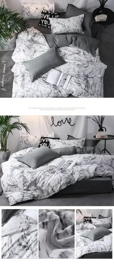 Gray and white marble-patterned bedding featuring the decorbites™ luxurious 3-piece duvet cover set with modern design