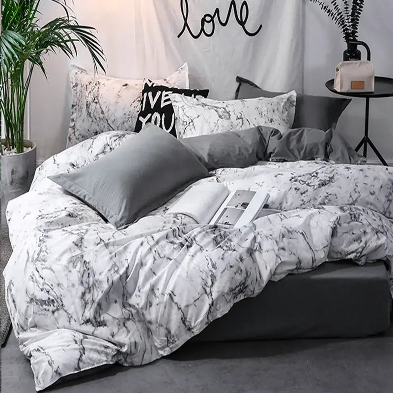 DecorBites™ luxurious 3-piece duvet cover set with white and gray marble-patterned design for elegant bedroom decor