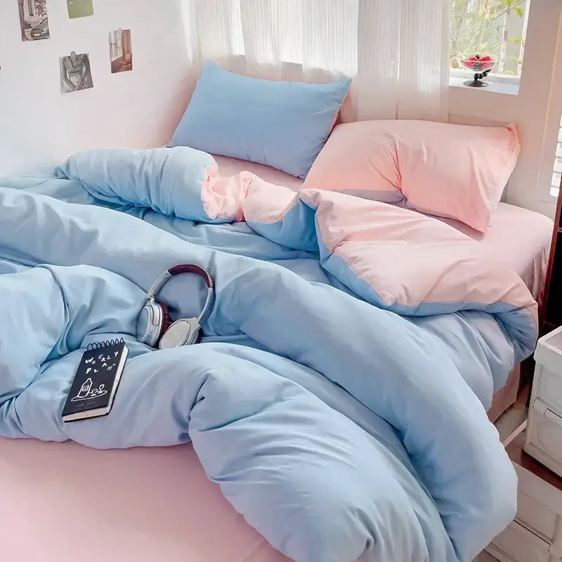 Pastel blue and pink two-tone quilted duvet cotton bedding set from decorbites luxurious 4-piece collection