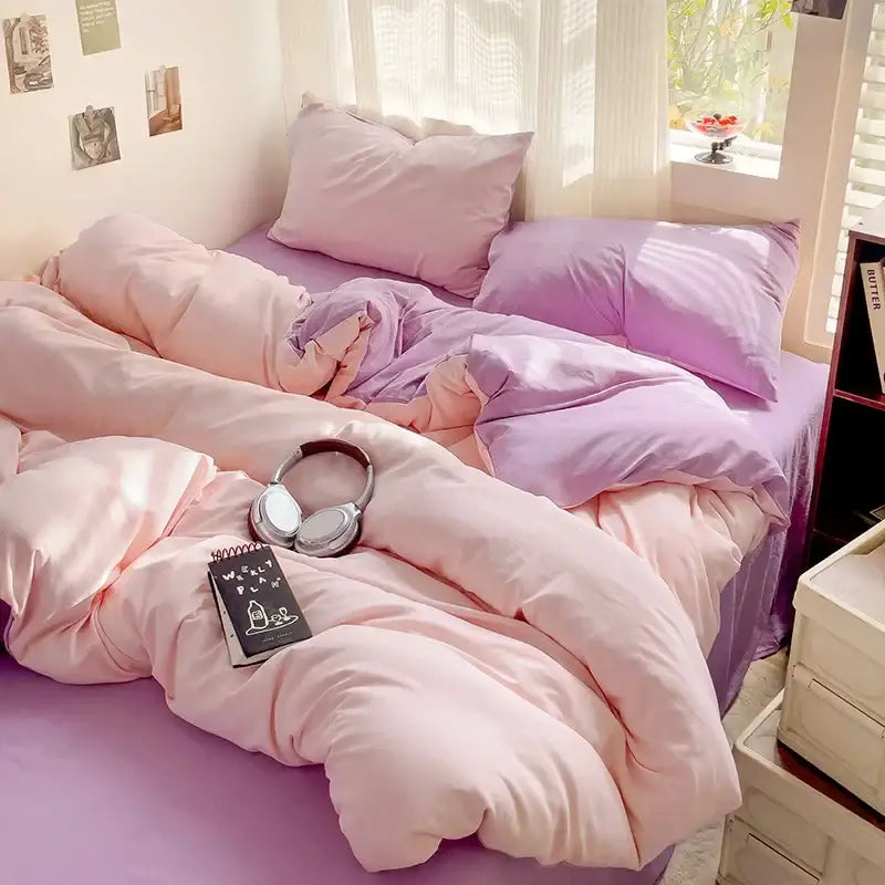 DecorBites™ luxurious 4-piece cotton bedding set in pink and lavender pastel colors with soft plush fabric