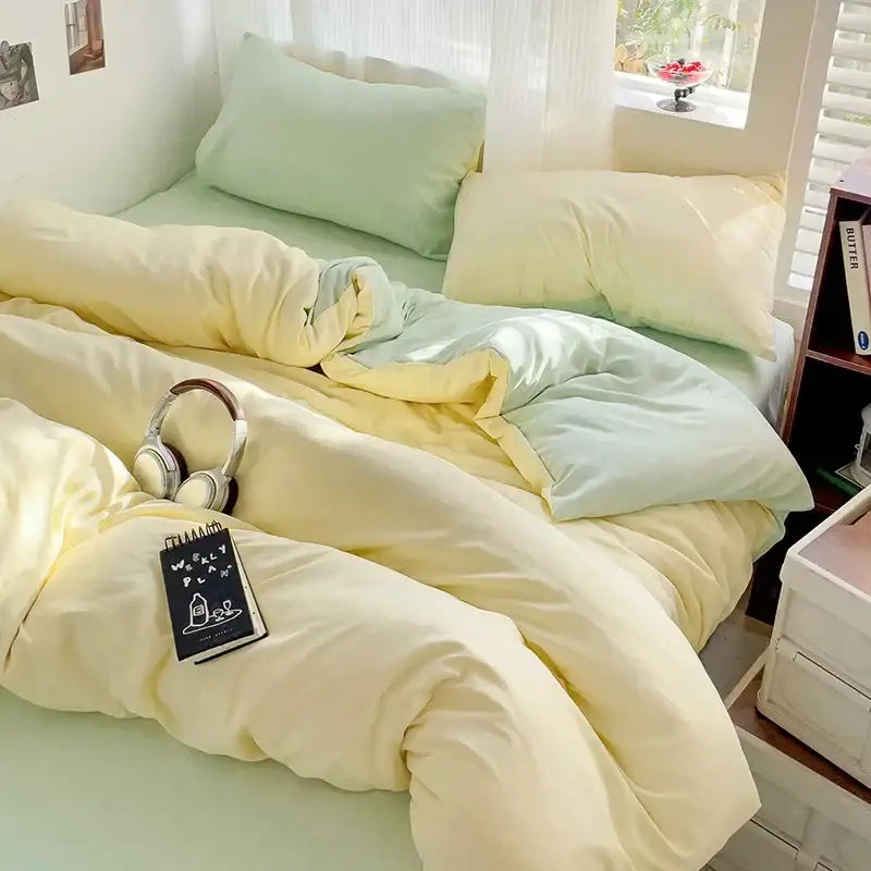 Soft pastel yellow and mint green cotton bedding set with a cozy layered look from decorbites luxurious collection